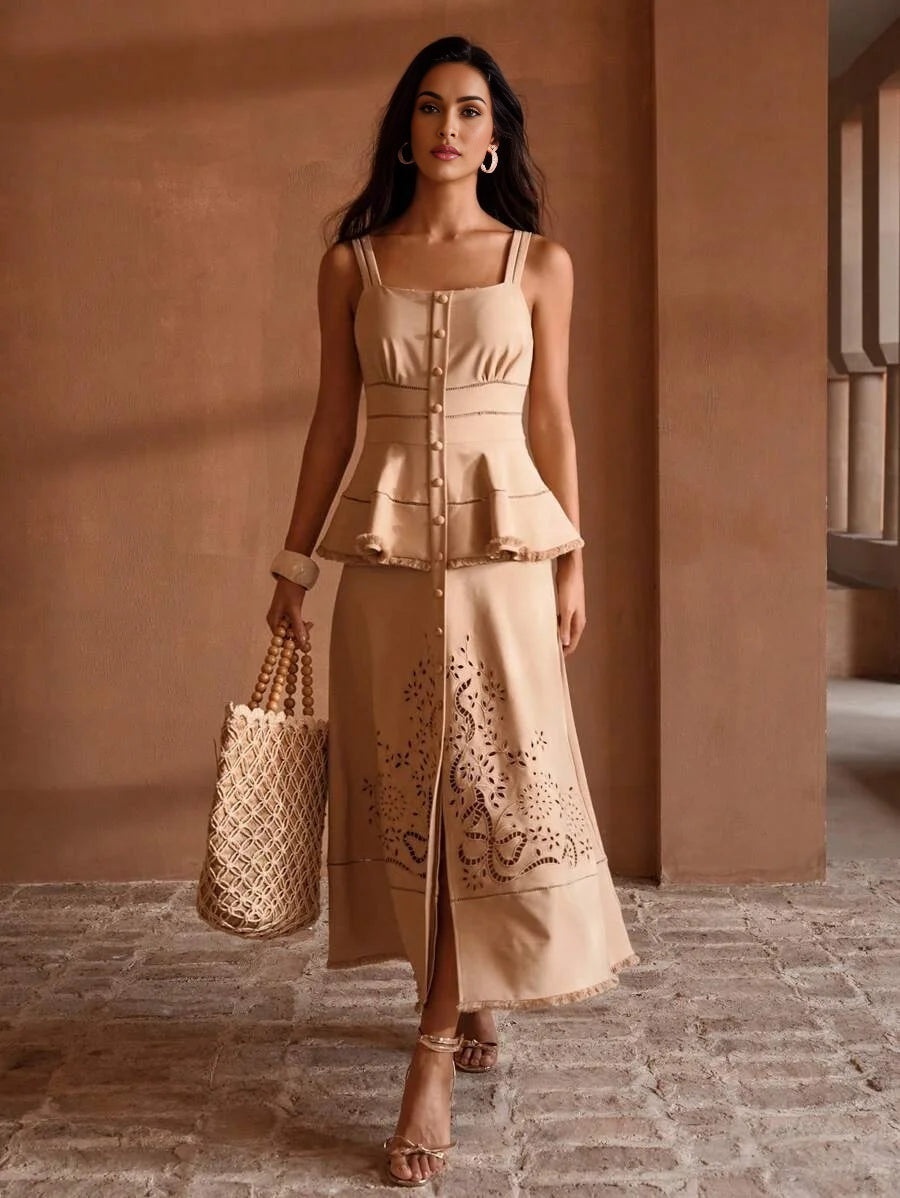 PREMIUM LASER CUT PEPLUM WAIST RAW EDGE MIDI DRESS