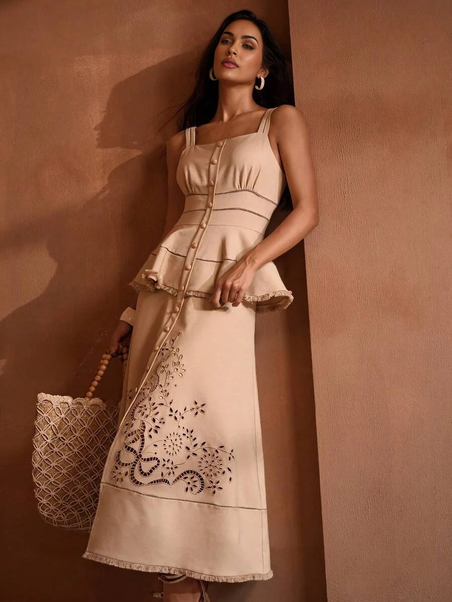 PREMIUM LASER CUT PEPLUM WAIST RAW EDGE MIDI DRESS