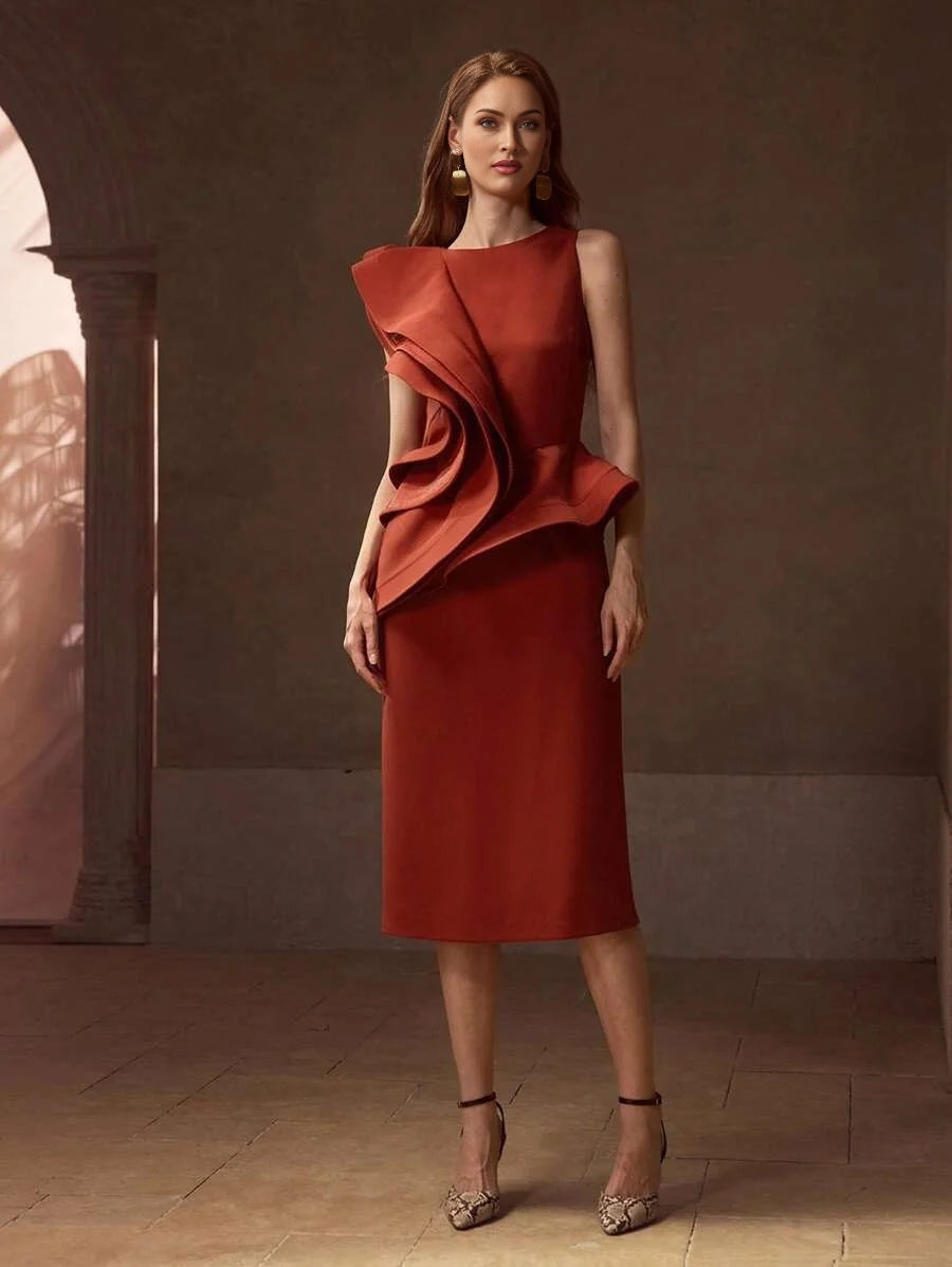 PREMIUM LAYERED RUFFLE TRIM ZIPPER BACK SPLIT HEM MIDI DRESS