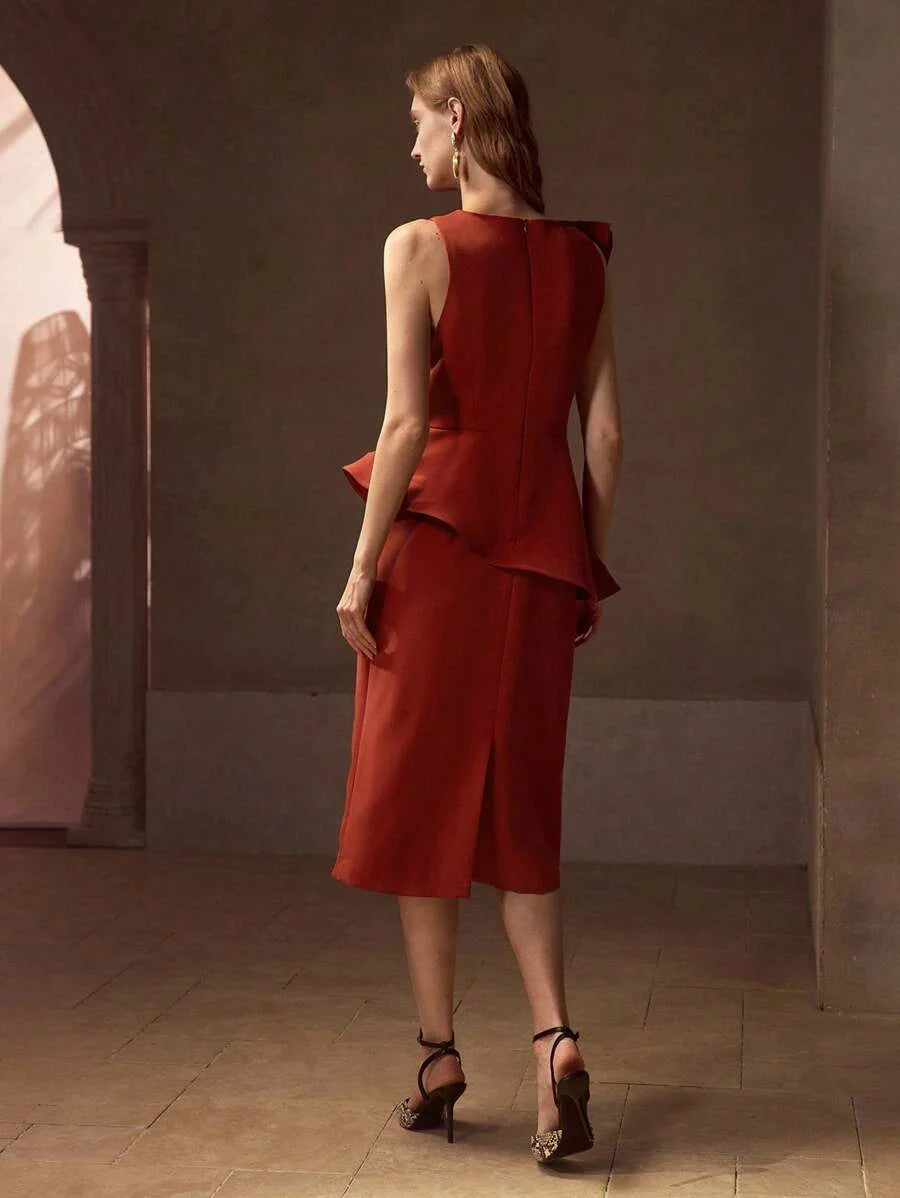 PREMIUM LAYERED RUFFLE TRIM ZIPPER BACK SPLIT HEM MIDI DRESS