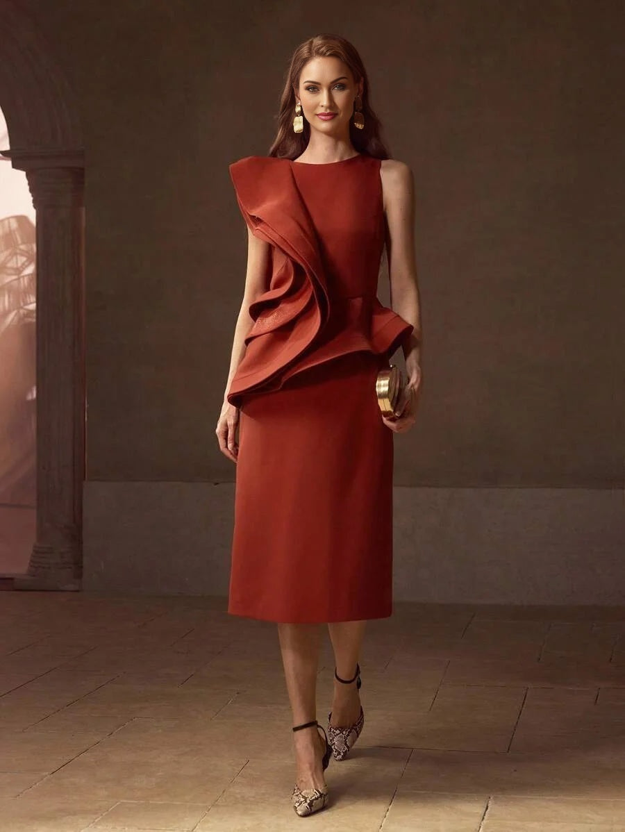 PREMIUM LAYERED RUFFLE TRIM ZIPPER BACK SPLIT HEM MIDI DRESS