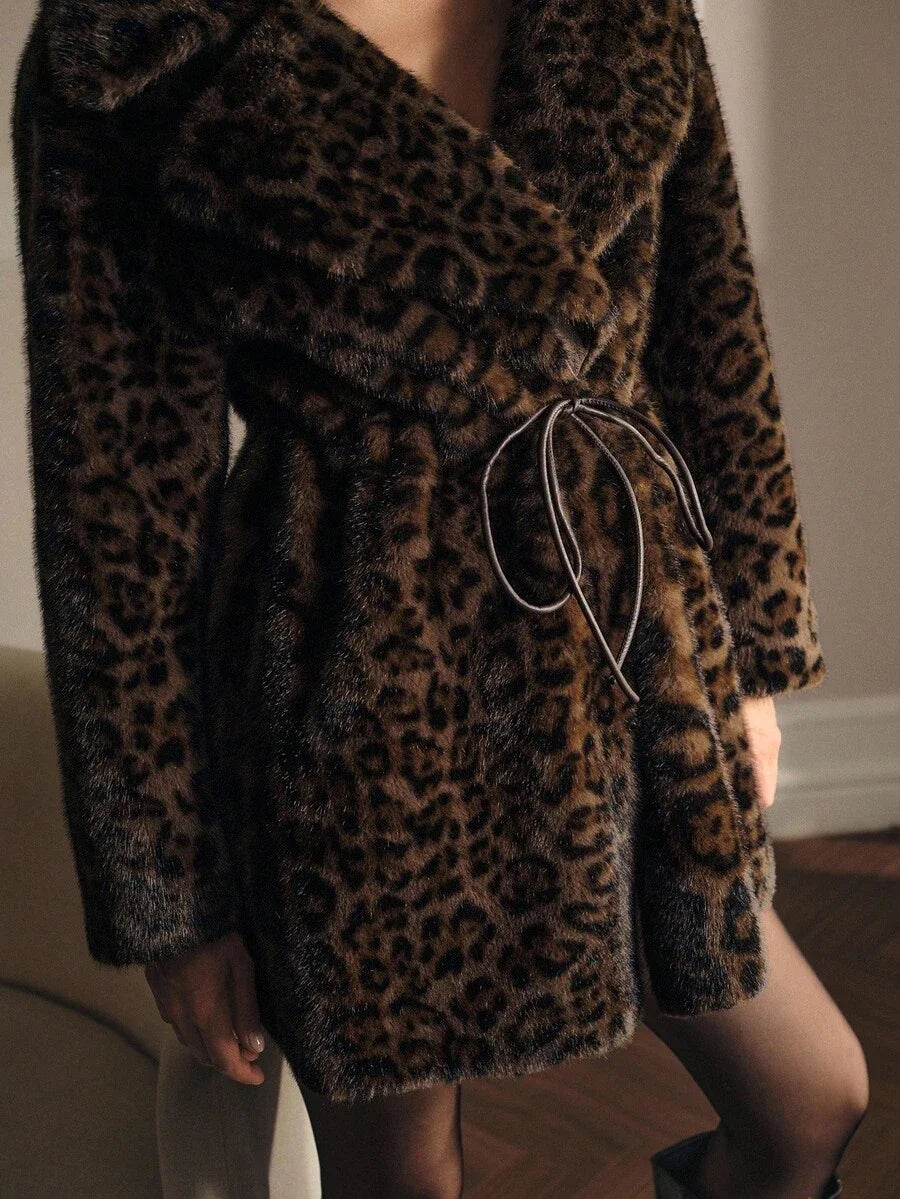 PREMIUM LEOPARD PRINT BELT WAIST LONG SLEEVE ELEGANT FAUX FUR COAT AUTUMNWINTER