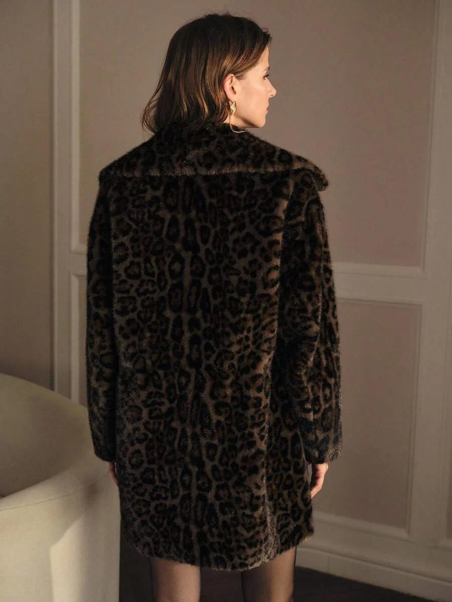 PREMIUM LEOPARD PRINT BELT WAIST LONG SLEEVE ELEGANT FAUX FUR COAT AUTUMNWINTER