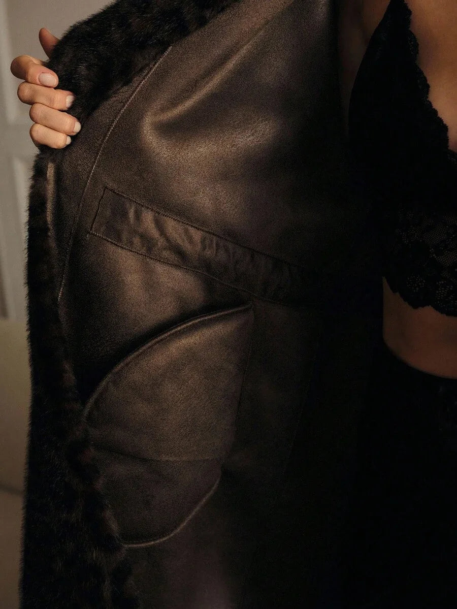 PREMIUM LEOPARD PRINT BELT WAIST LONG SLEEVE ELEGANT FAUX FUR COAT AUTUMNWINTER