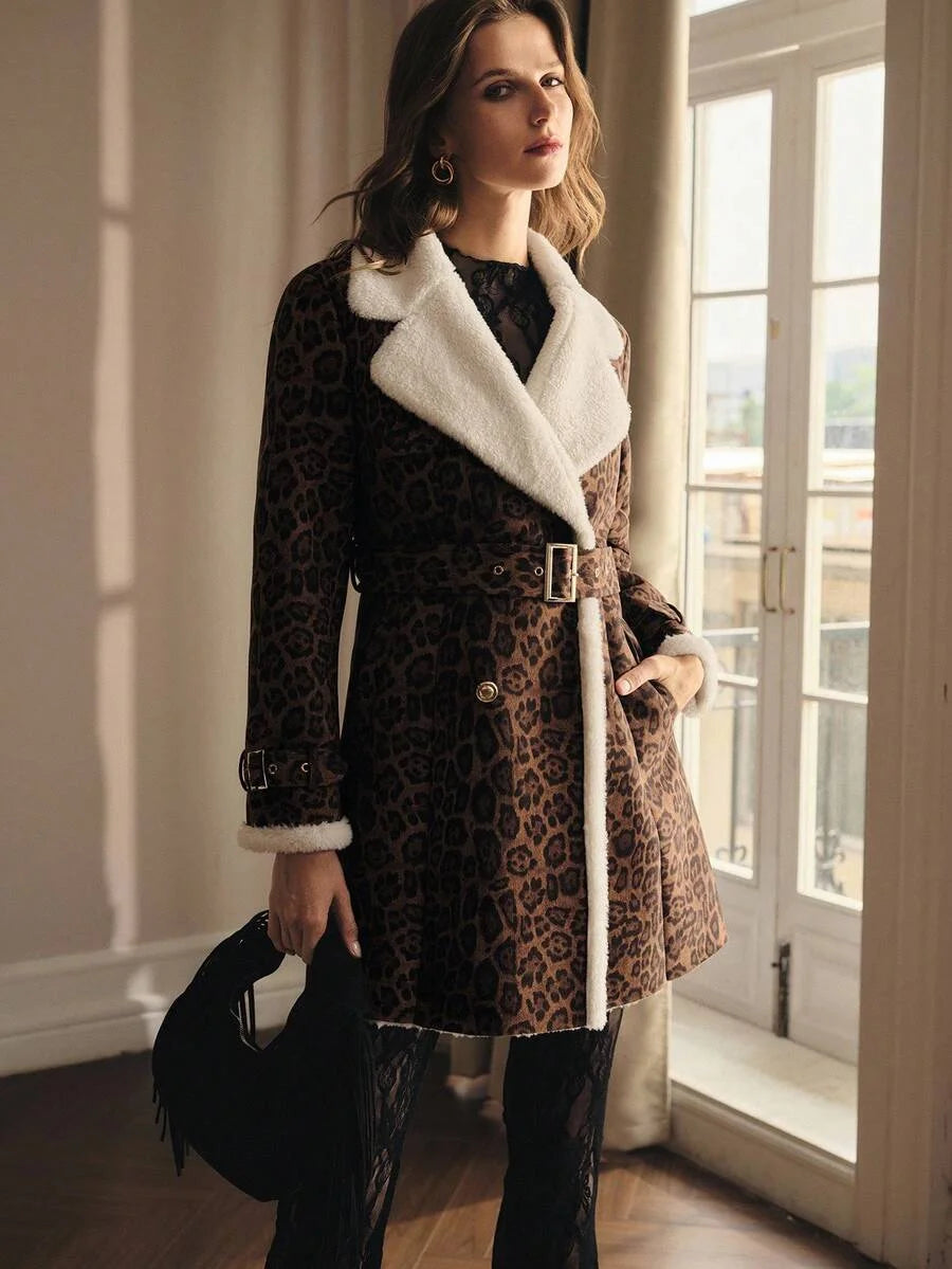 PREMIUM LEOPARD PRINT CONTRAST TEDDY PANEL BELTED FAUX FUR COAT