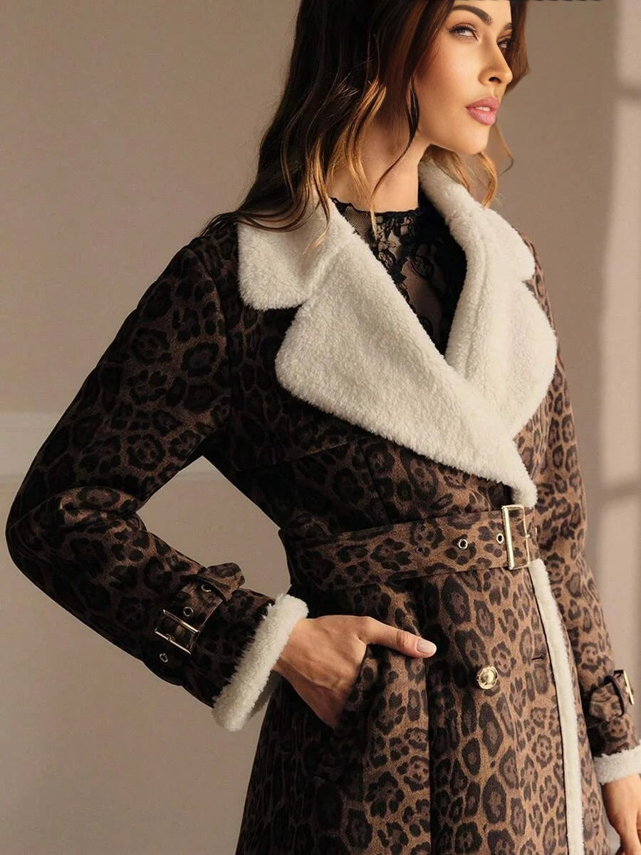 PREMIUM LEOPARD PRINT CONTRAST TEDDY PANEL BELTED FAUX FUR COAT