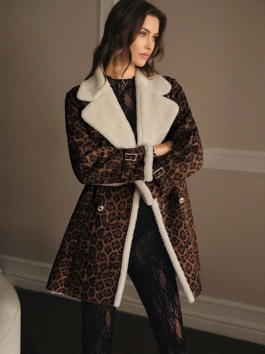 PREMIUM LEOPARD PRINT CONTRAST TEDDY PANEL BELTED FAUX FUR COAT