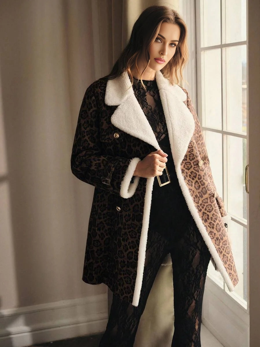 PREMIUM LEOPARD PRINT CONTRAST TEDDY PANEL BELTED FAUX FUR COAT
