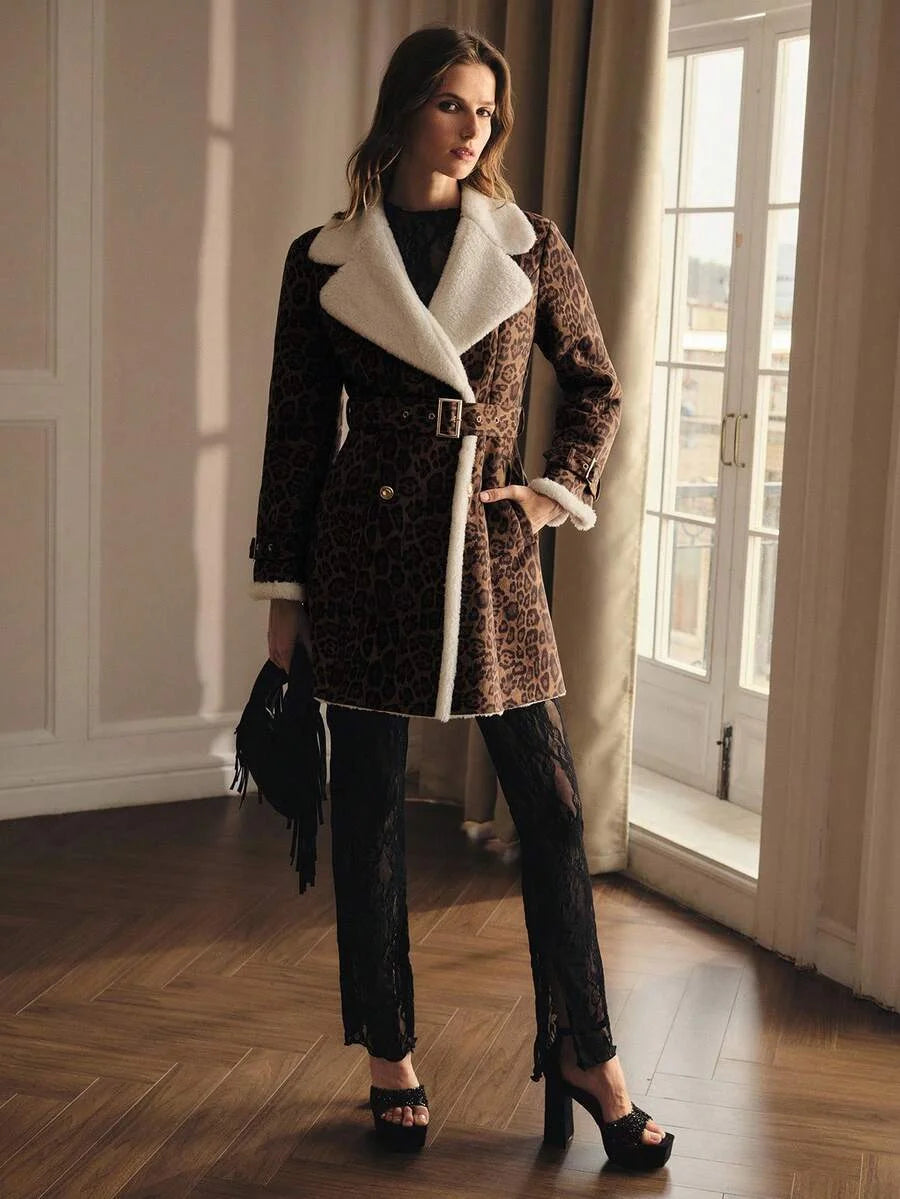 PREMIUM LEOPARD PRINT CONTRAST TEDDY PANEL BELTED FAUX FUR COAT