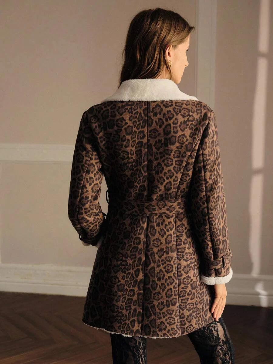 PREMIUM LEOPARD PRINT CONTRAST TEDDY PANEL BELTED FAUX FUR COAT