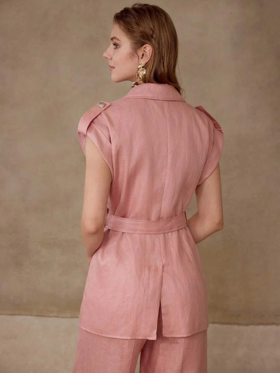 PREMIUM LINEN CAP SLEEVE BELTED BLAZER