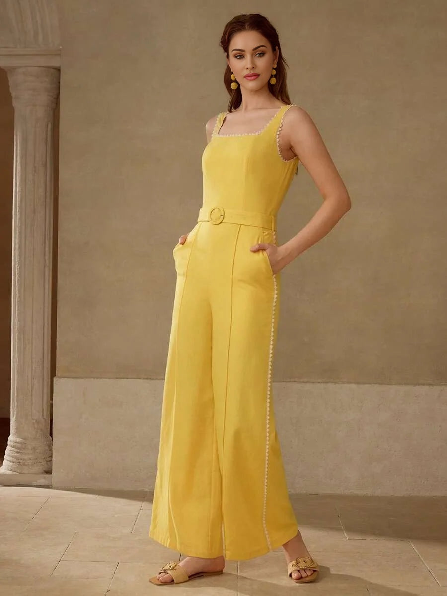 PREMIUM LINEN CONTRAST TRIM BELTED JUMPSUIT