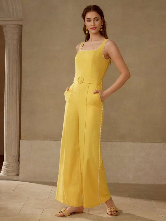 PREMIUM LINEN CONTRAST TRIM BELTED JUMPSUIT