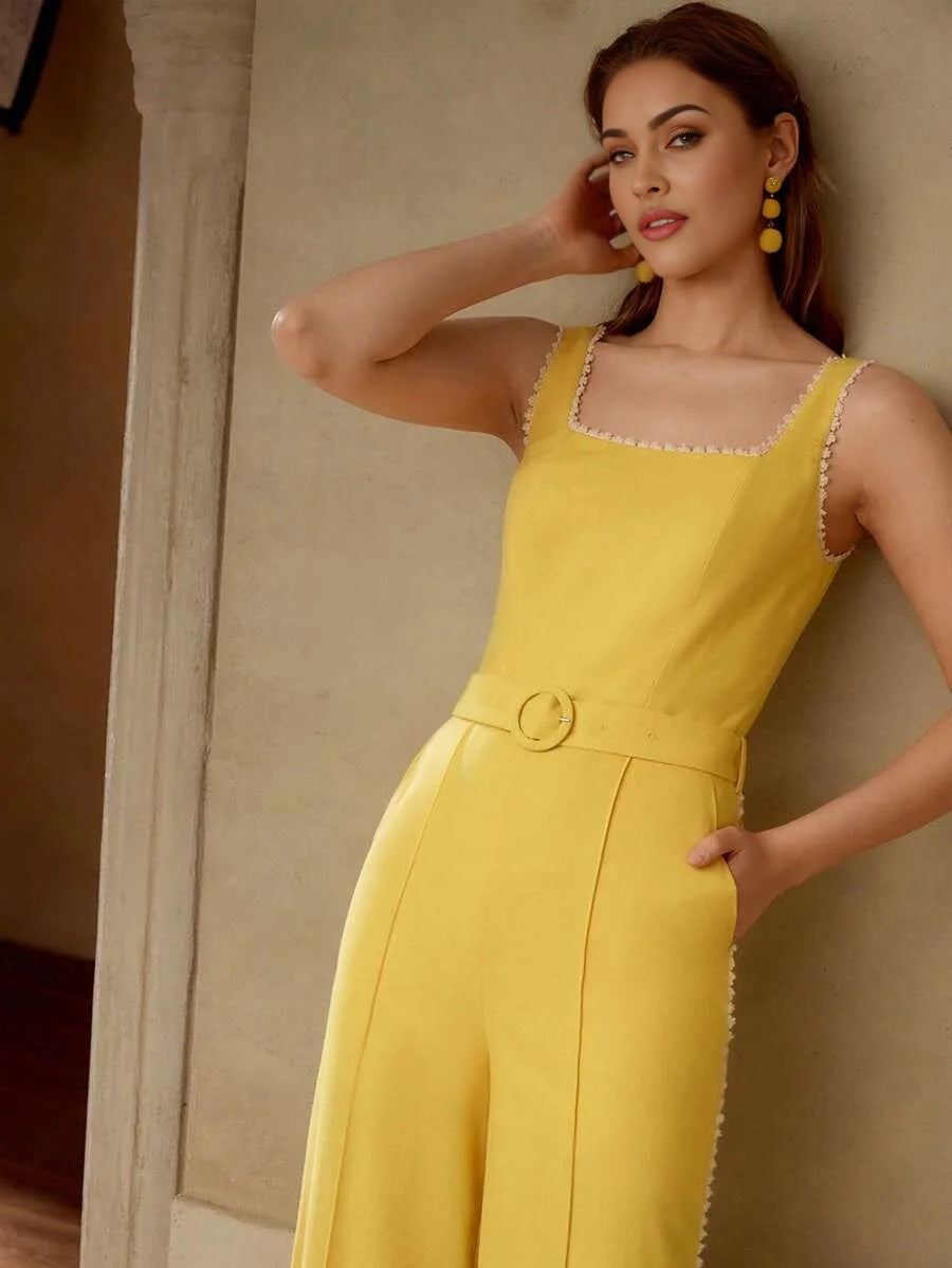 PREMIUM LINEN CONTRAST TRIM BELTED JUMPSUIT