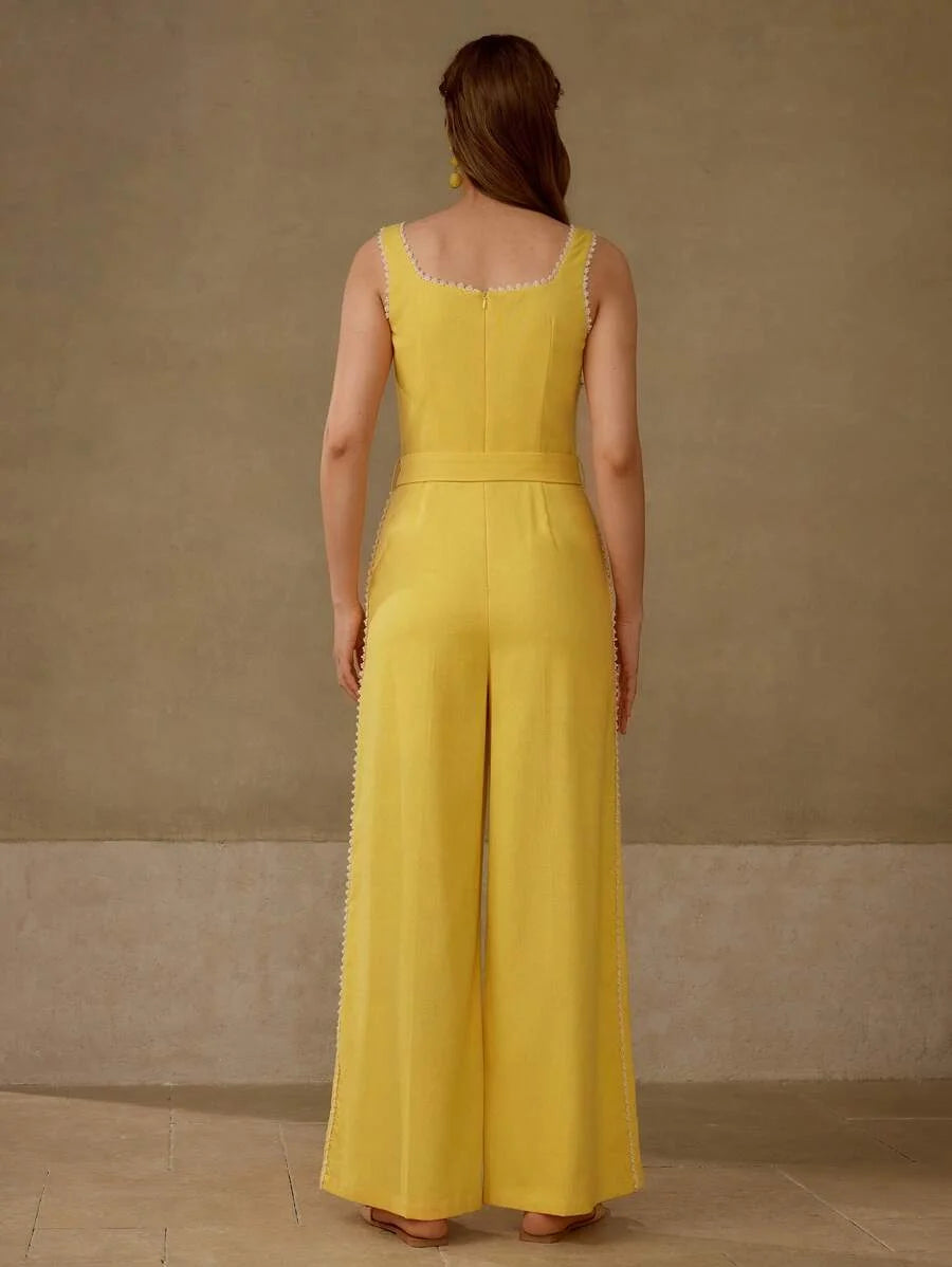 PREMIUM LINEN CONTRAST TRIM BELTED JUMPSUIT