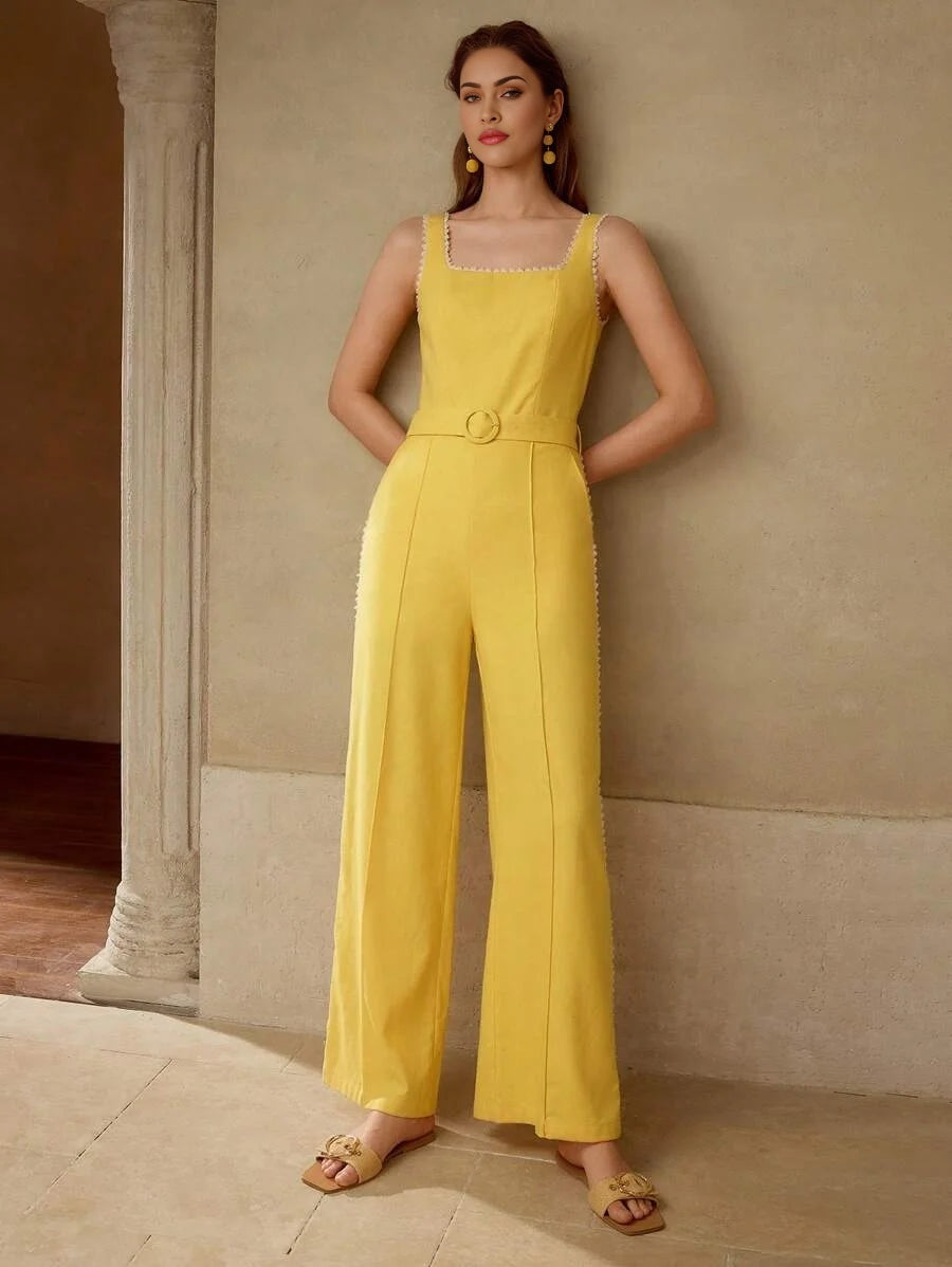 PREMIUM LINEN CONTRAST TRIM BELTED JUMPSUIT
