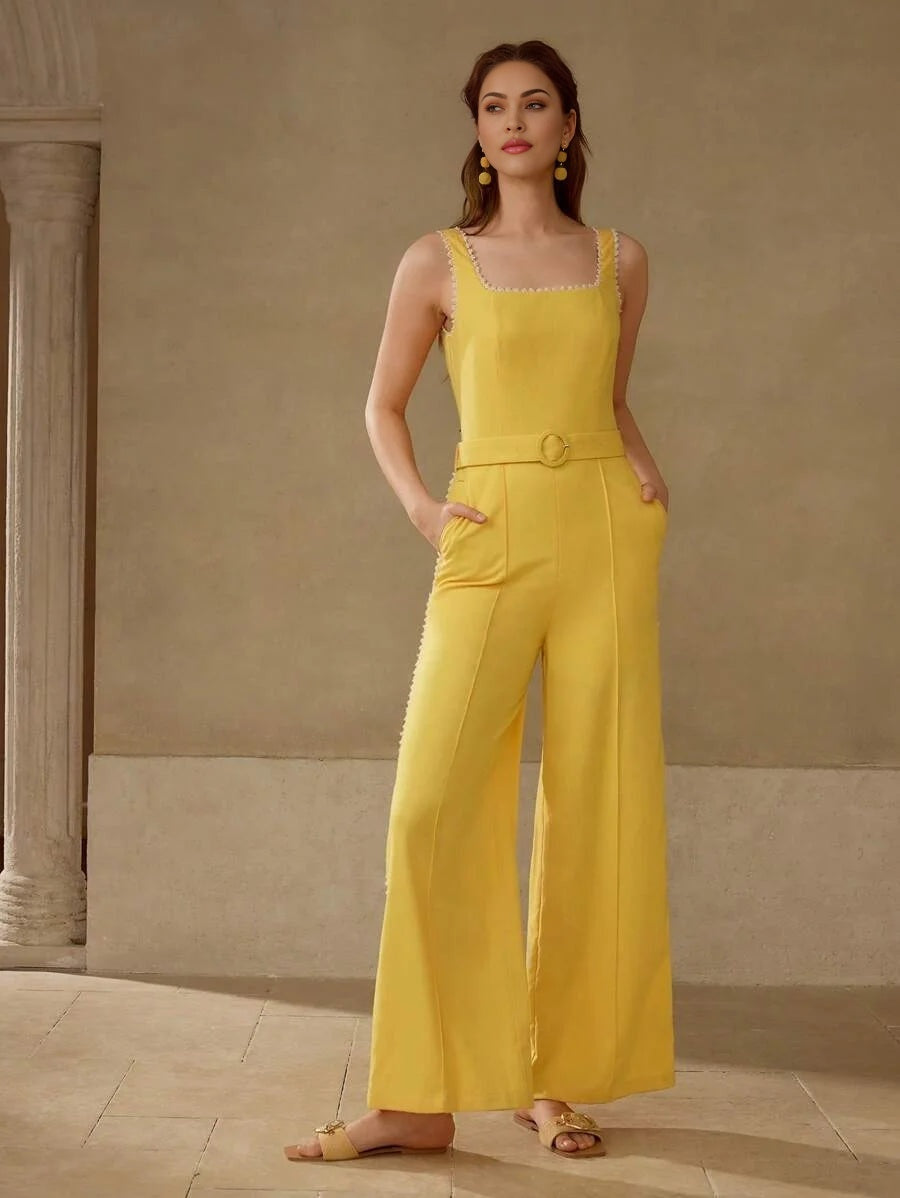 PREMIUM LINEN CONTRAST TRIM BELTED JUMPSUIT