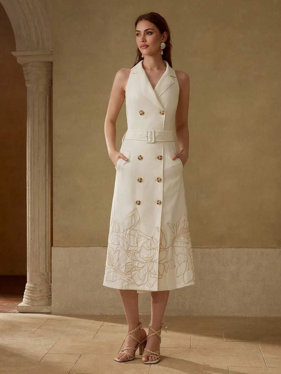 PREMIUM LINEN EMBROIDERED BELTED DRESS