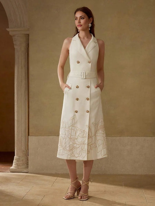 PREMIUM LINEN EMBROIDERED BELTED DRESS