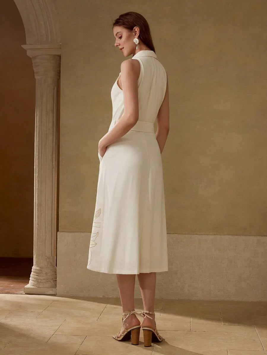 PREMIUM LINEN EMBROIDERED BELTED DRESS