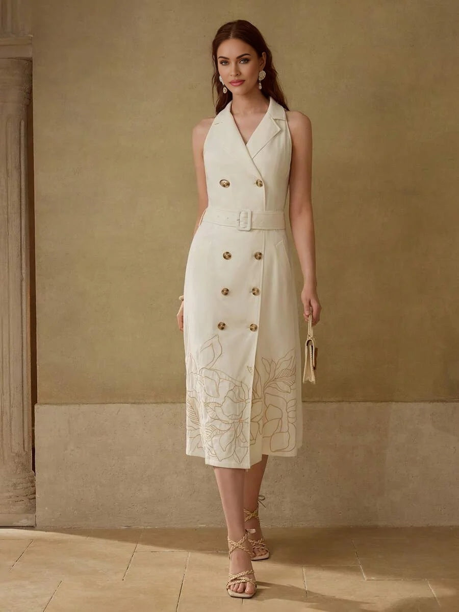 PREMIUM LINEN EMBROIDERED BELTED DRESS