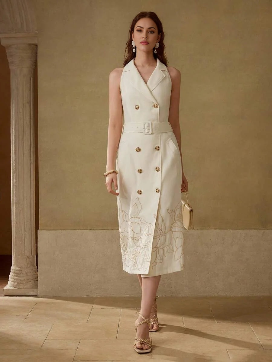 PREMIUM LINEN EMBROIDERED BELTED DRESS