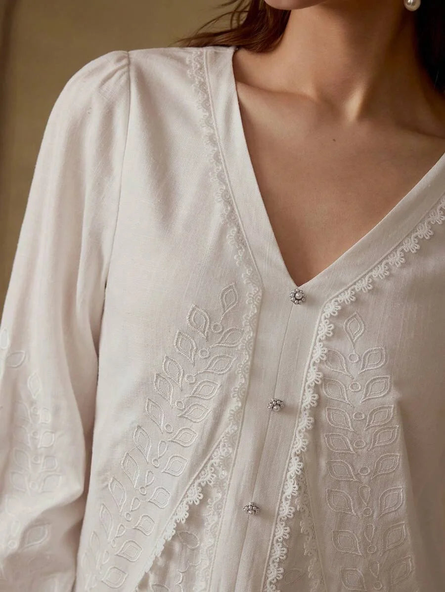 PREMIUM LINEN EMBROIDERY RUFFLE HEM DRESS