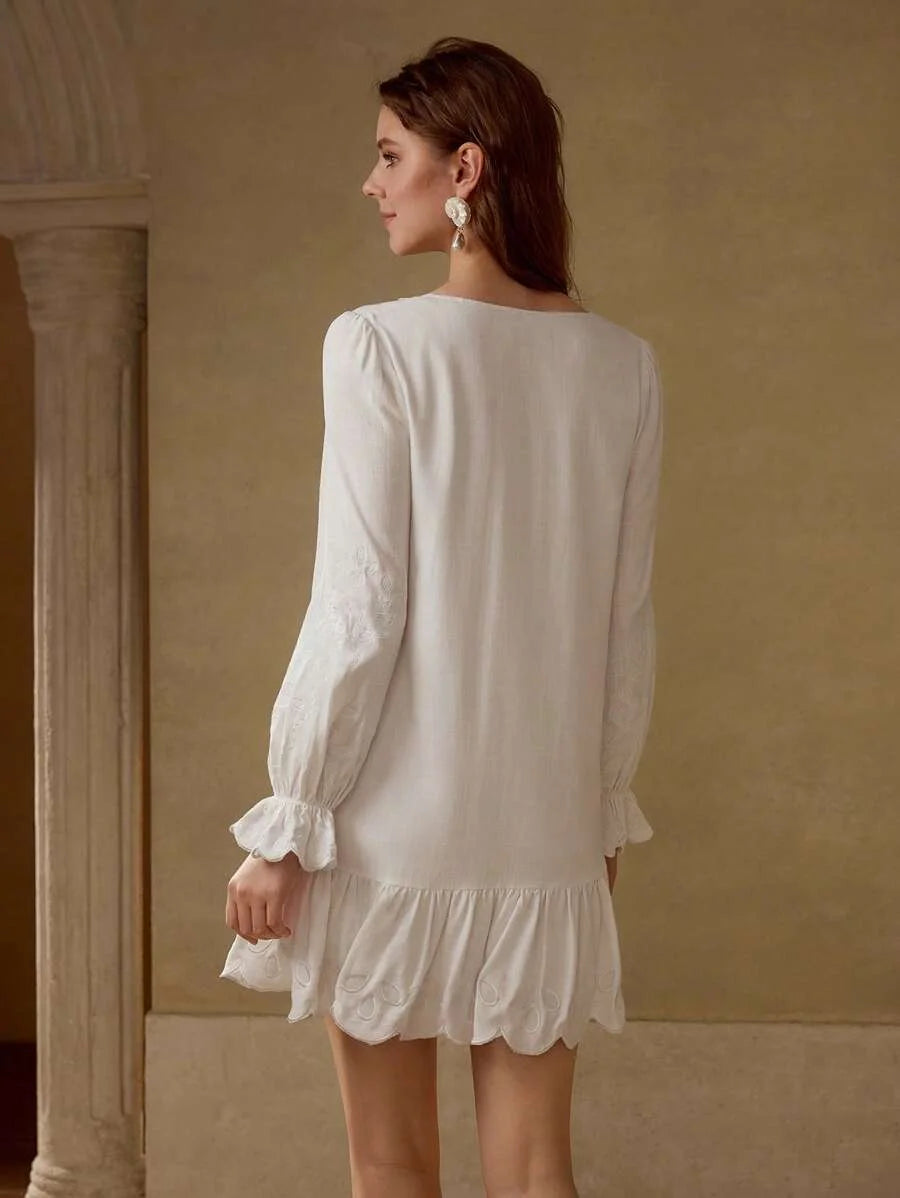 PREMIUM LINEN EMBROIDERY RUFFLE HEM DRESS