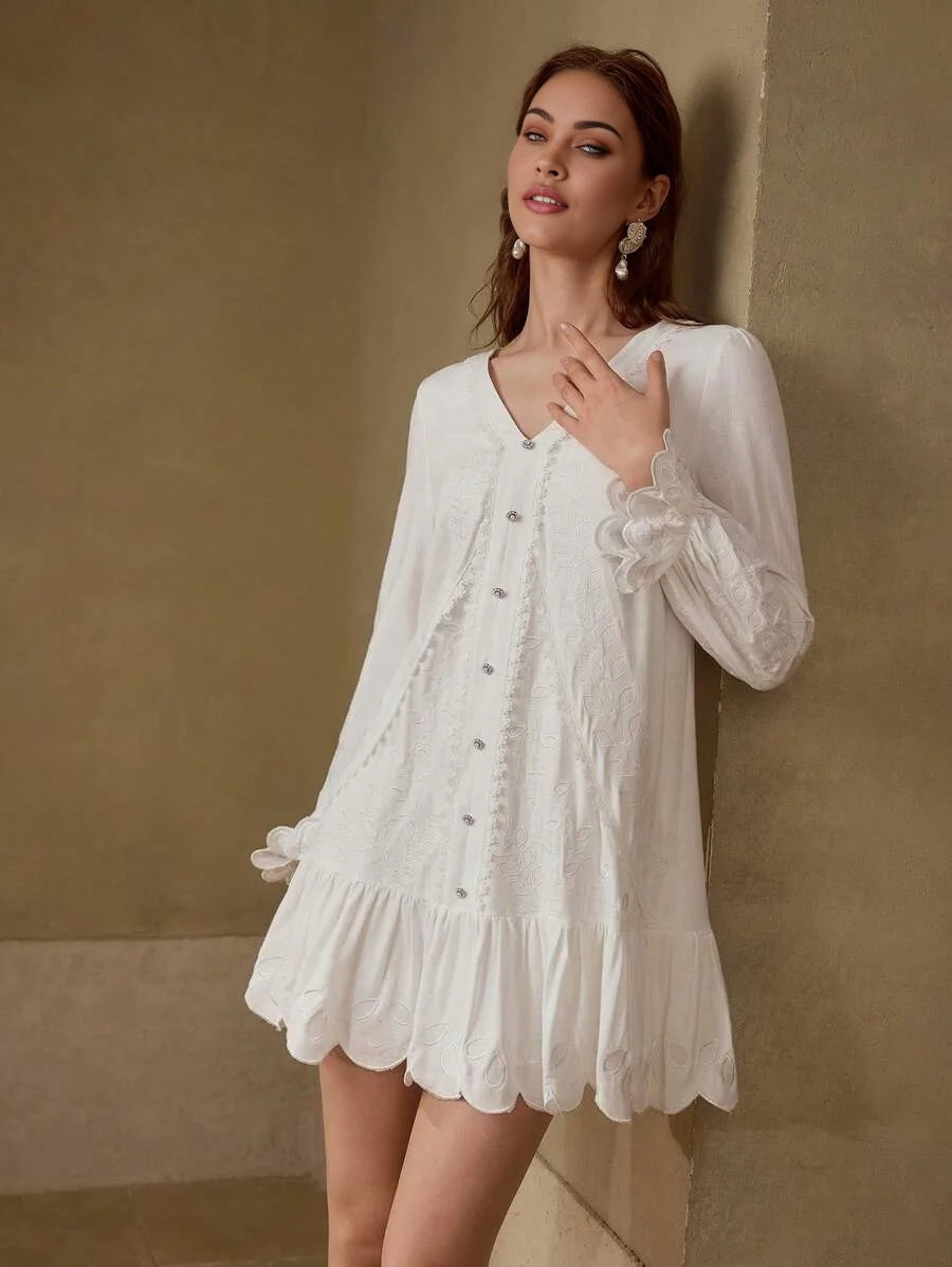 PREMIUM LINEN EMBROIDERY RUFFLE HEM DRESS