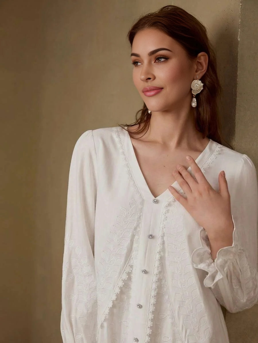 PREMIUM LINEN EMBROIDERY RUFFLE HEM DRESS