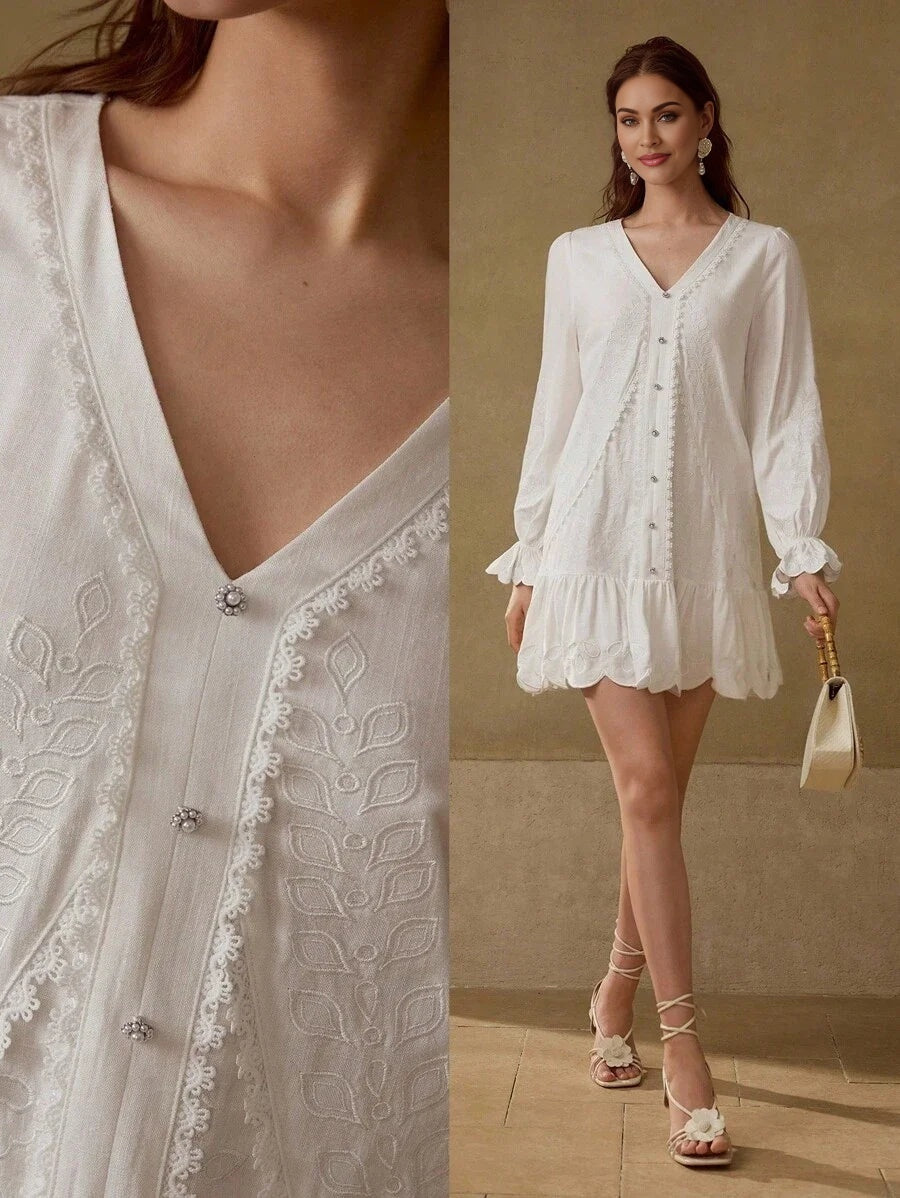 PREMIUM LINEN EMBROIDERY RUFFLE HEM DRESS