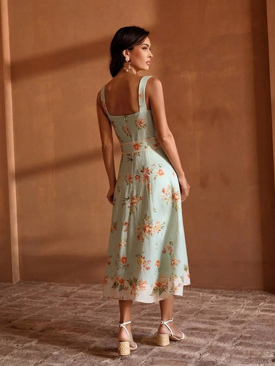 PREMIUM LINEN FLORAL PRINT BELTED DRESS