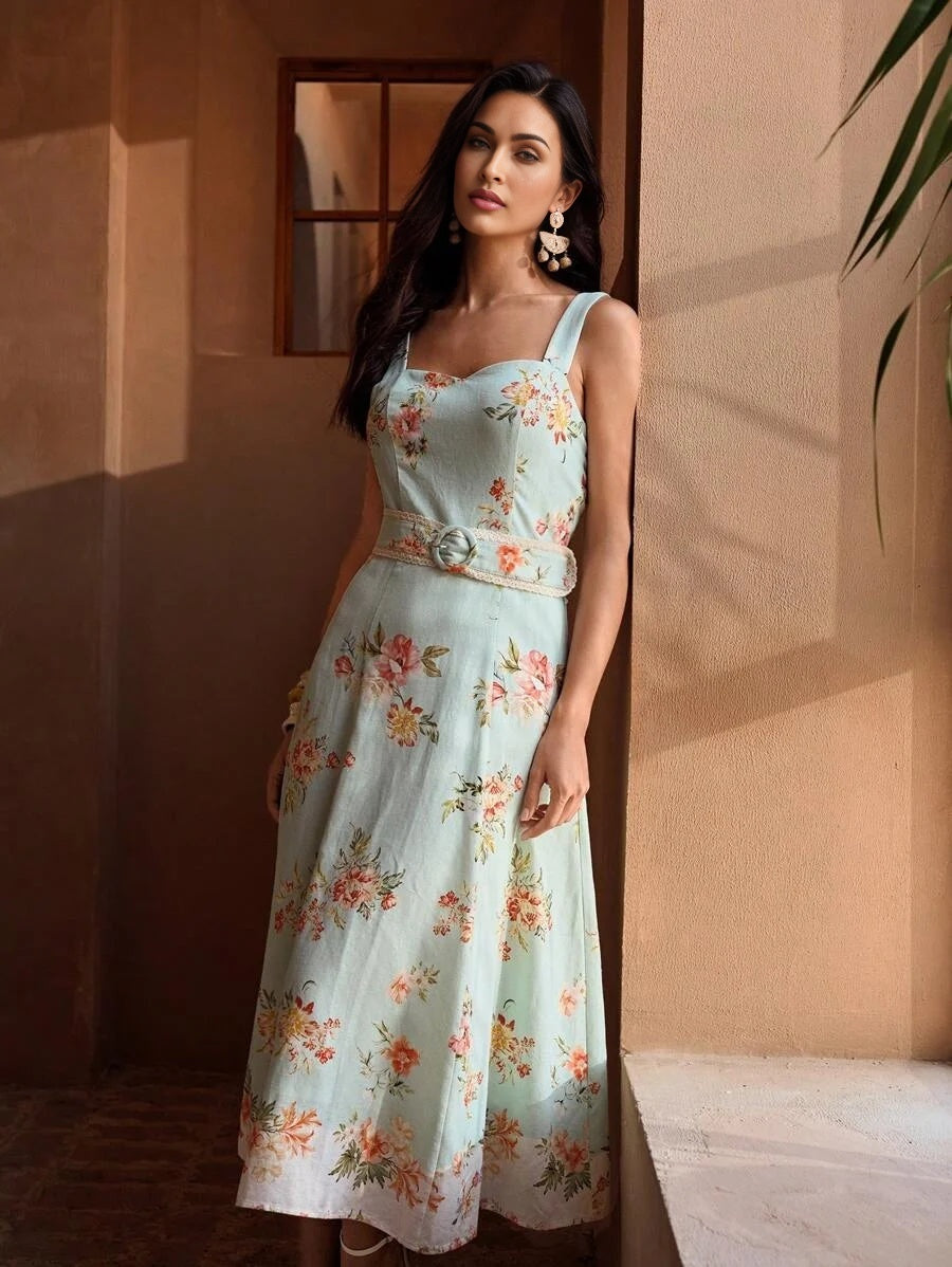 PREMIUM LINEN FLORAL PRINT BELTED DRESS