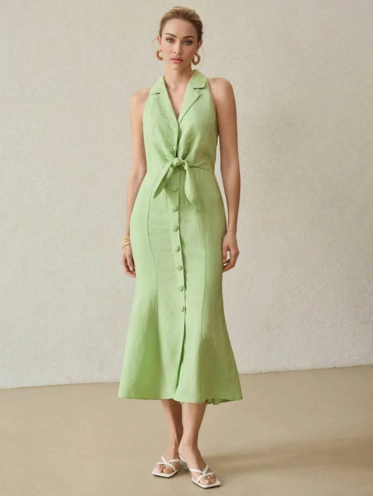 PREMIUM LINEN KNOT FRONT DRESS