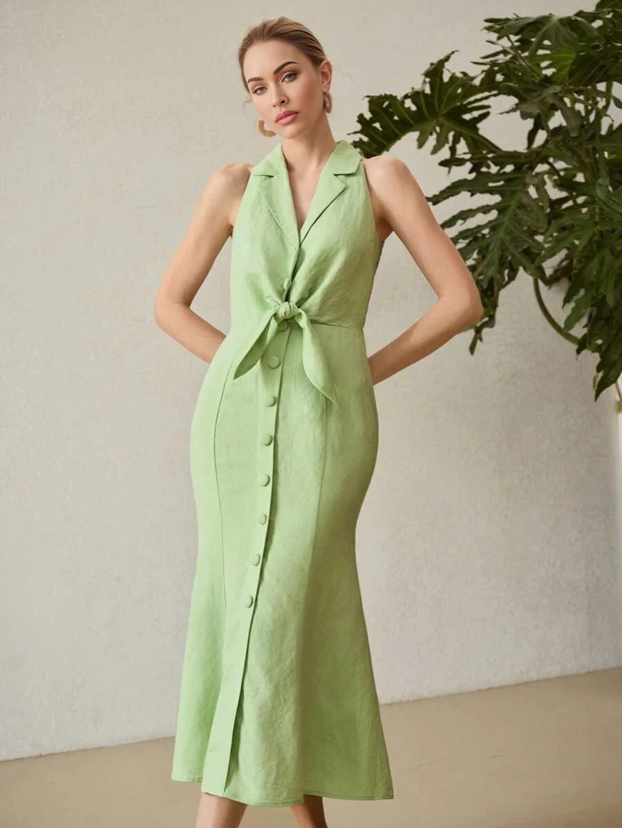 PREMIUM LINEN KNOT FRONT DRESS