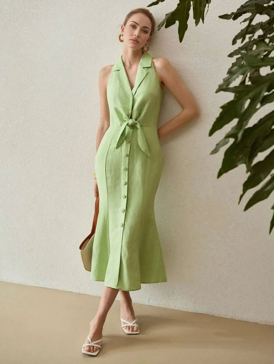 PREMIUM LINEN KNOT FRONT DRESS