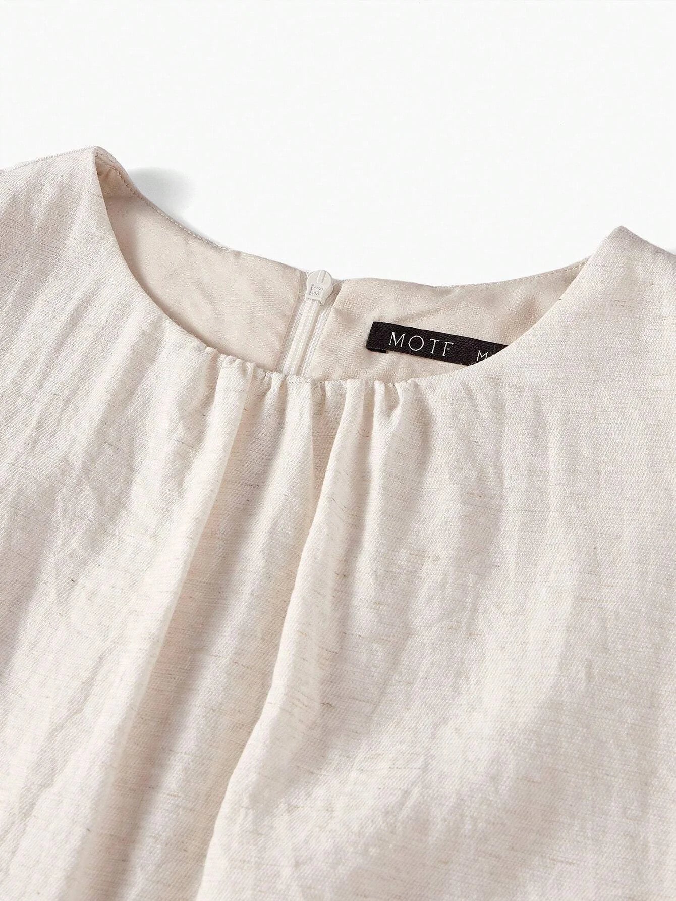 PREMIUM LINEN LINEN SOLID PUFF SLEEVE RUFFLE HEM BELTED DRESS