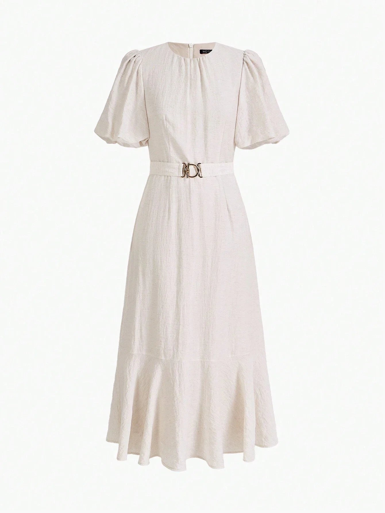 PREMIUM LINEN LINEN SOLID PUFF SLEEVE RUFFLE HEM BELTED DRESS
