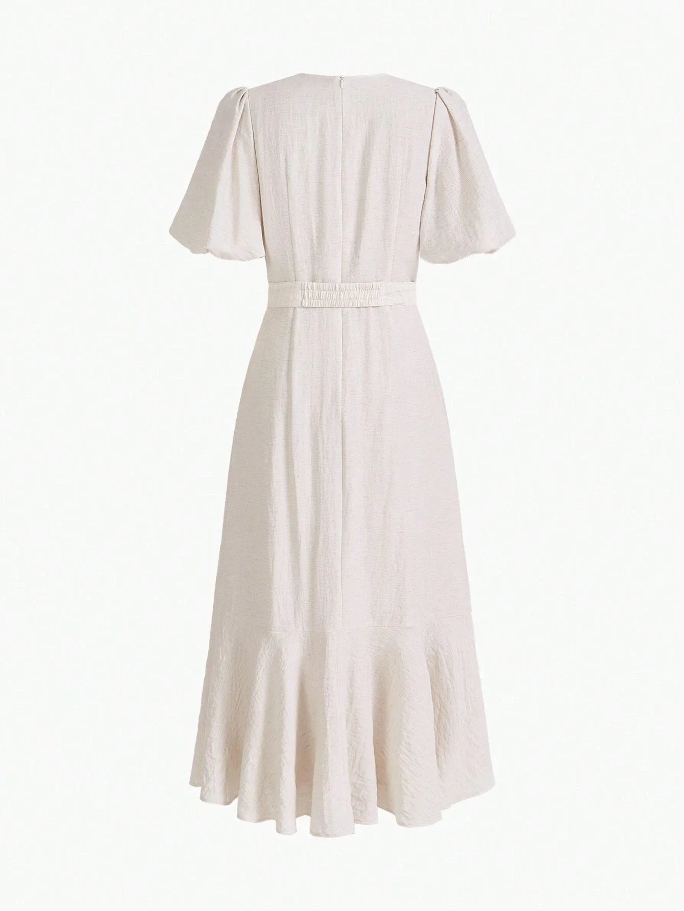 PREMIUM LINEN LINEN SOLID PUFF SLEEVE RUFFLE HEM BELTED DRESS