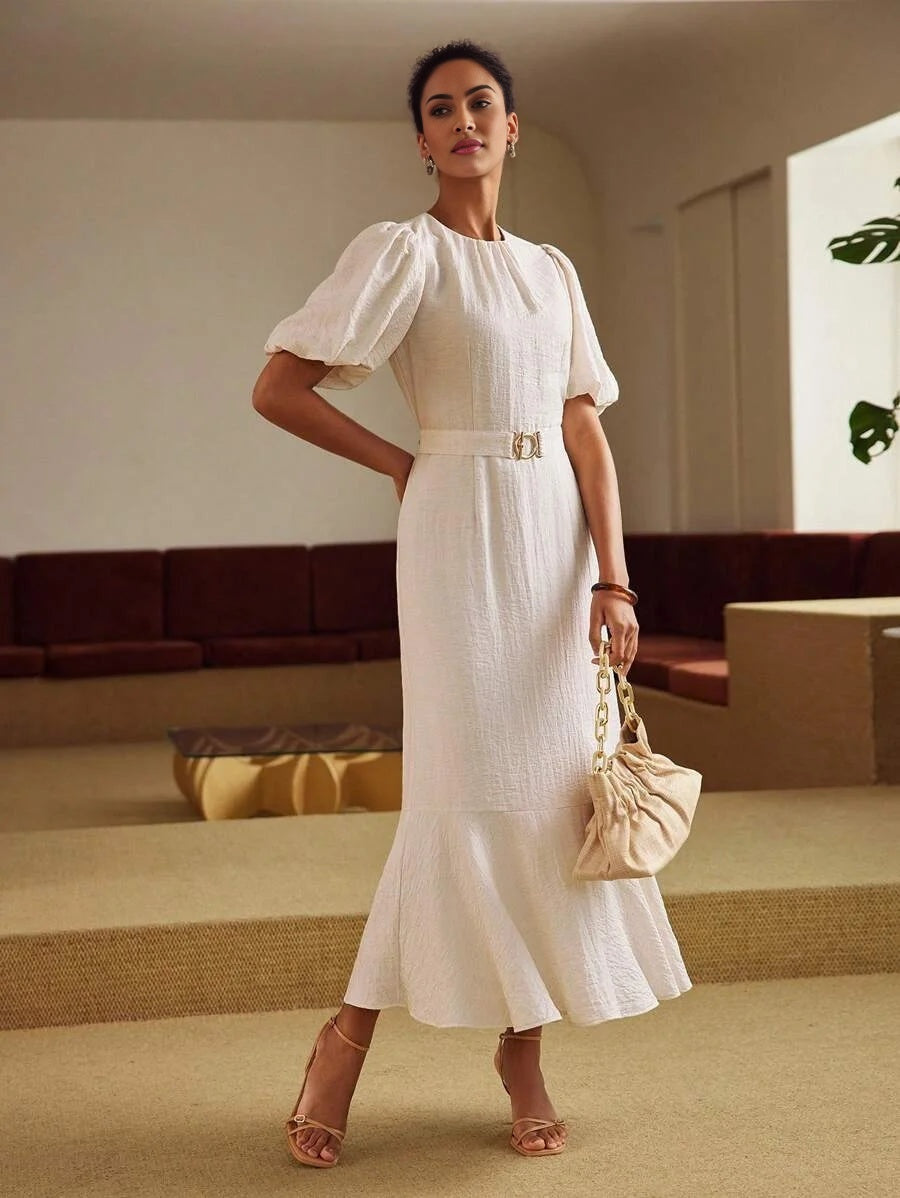 PREMIUM LINEN LINEN SOLID PUFF SLEEVE RUFFLE HEM BELTED DRESS