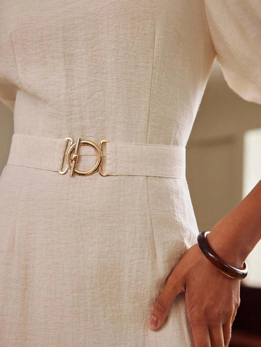 PREMIUM LINEN LINEN SOLID PUFF SLEEVE RUFFLE HEM BELTED DRESS