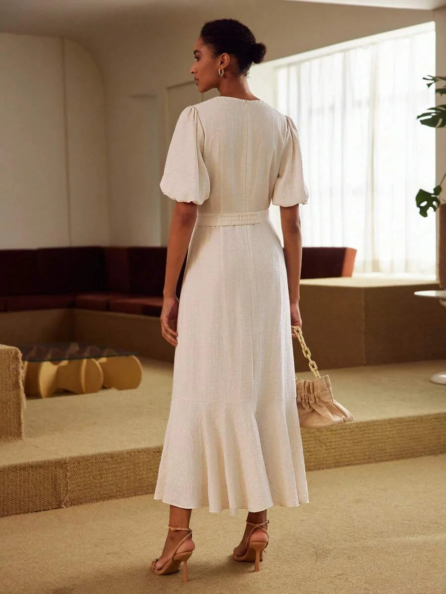 PREMIUM LINEN LINEN SOLID PUFF SLEEVE RUFFLE HEM BELTED DRESS