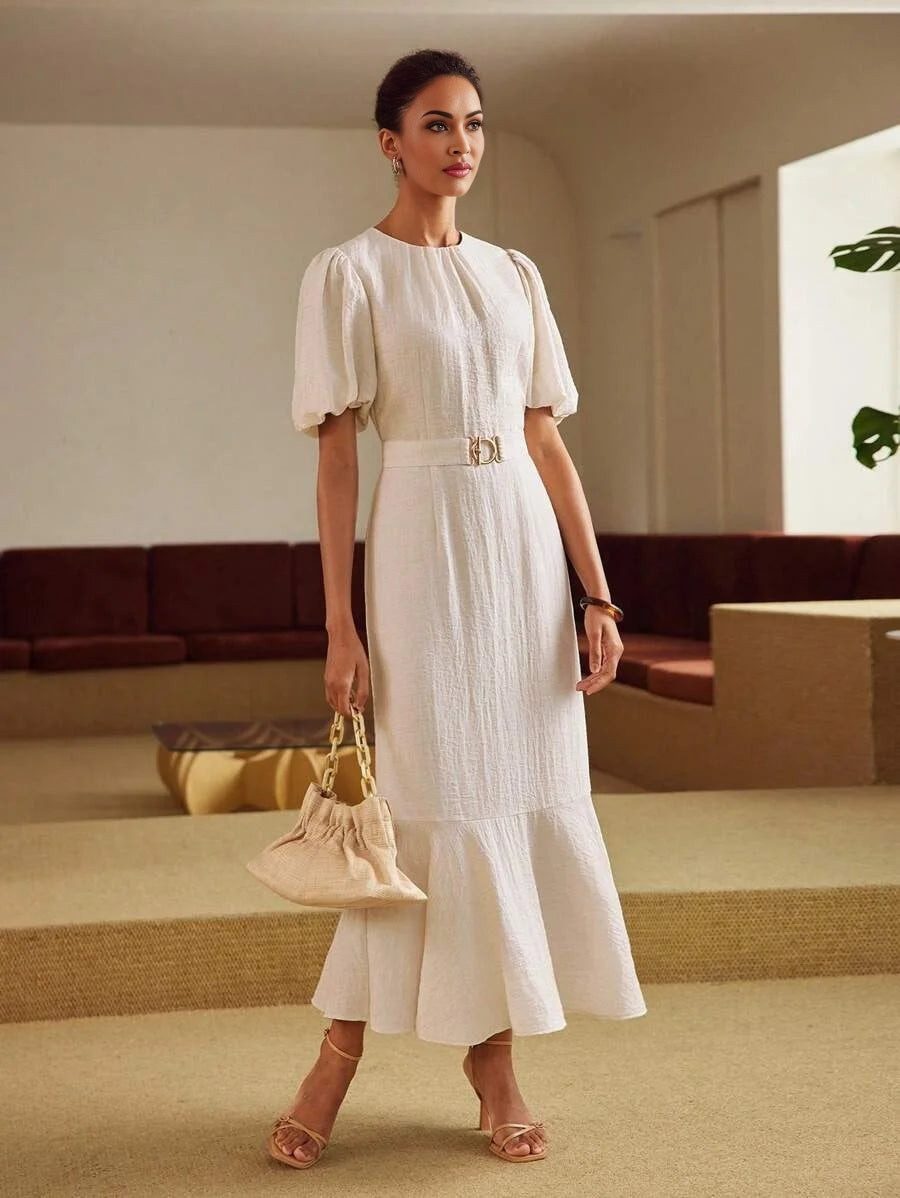 PREMIUM LINEN LINEN SOLID PUFF SLEEVE RUFFLE HEM BELTED DRESS
