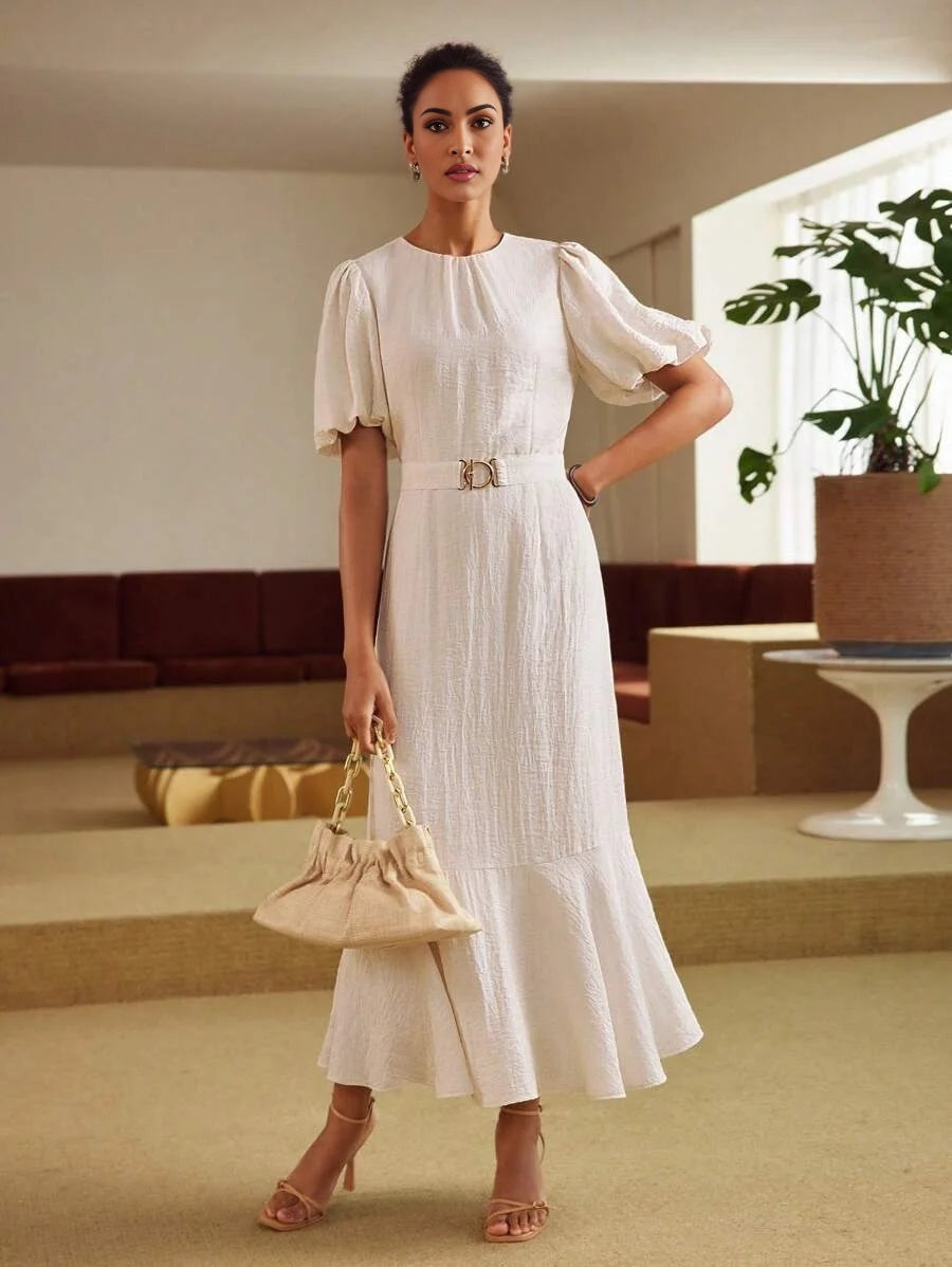 PREMIUM LINEN LINEN SOLID PUFF SLEEVE RUFFLE HEM BELTED DRESS