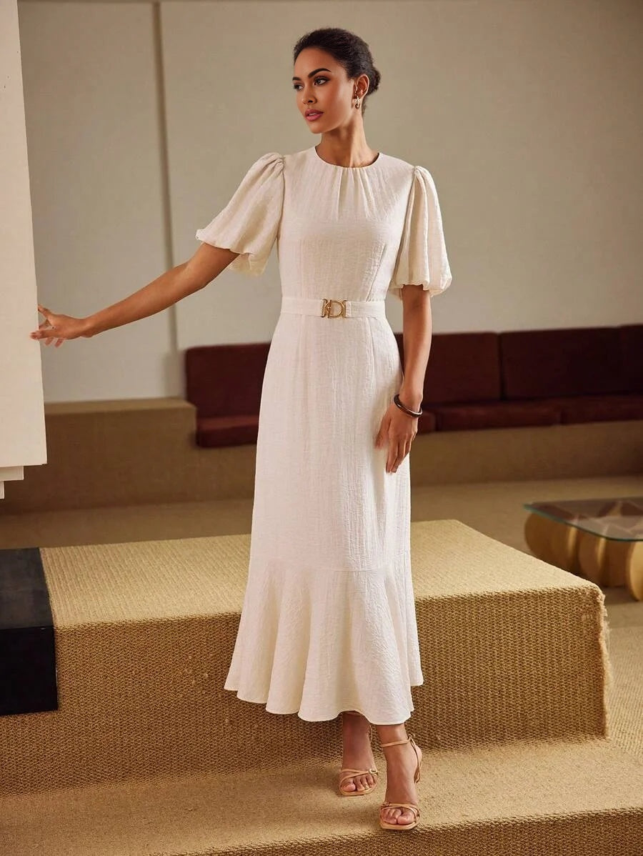 PREMIUM LINEN LINEN SOLID PUFF SLEEVE RUFFLE HEM BELTED DRESS