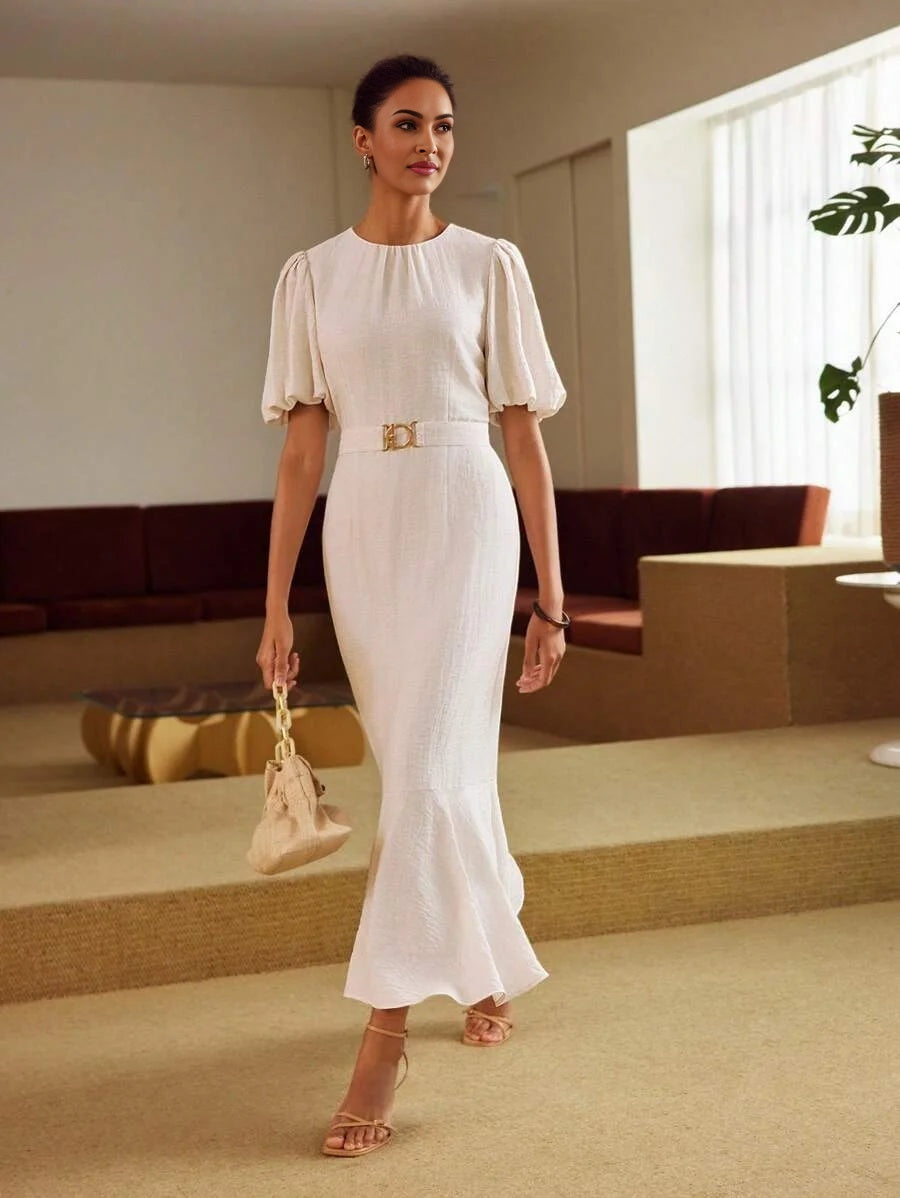 PREMIUM LINEN LINEN SOLID PUFF SLEEVE RUFFLE HEM BELTED DRESS