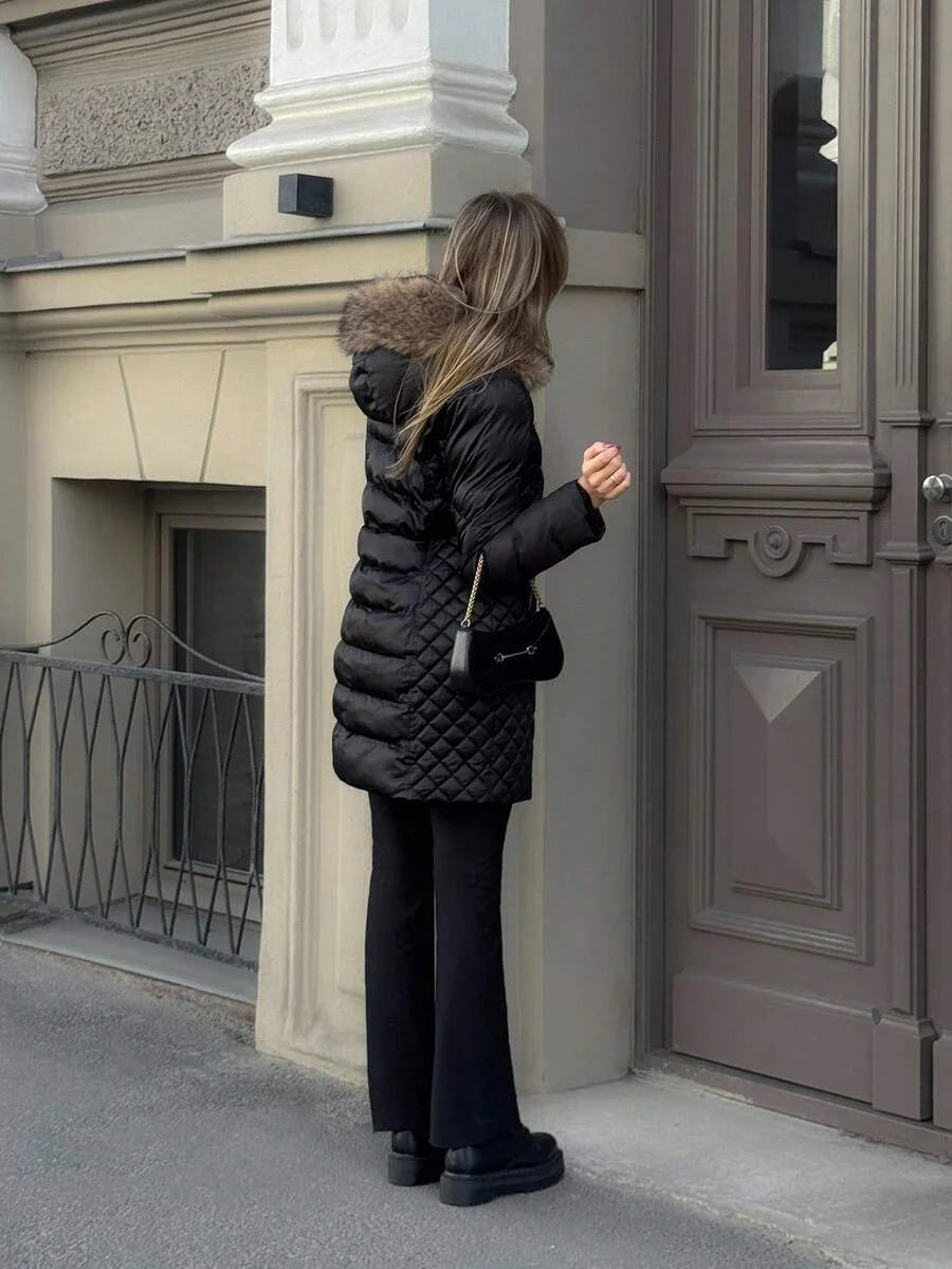 PREMIUM LONG COTTON PADDED COAT WITH FUR TRIM AUTUMNWINTER