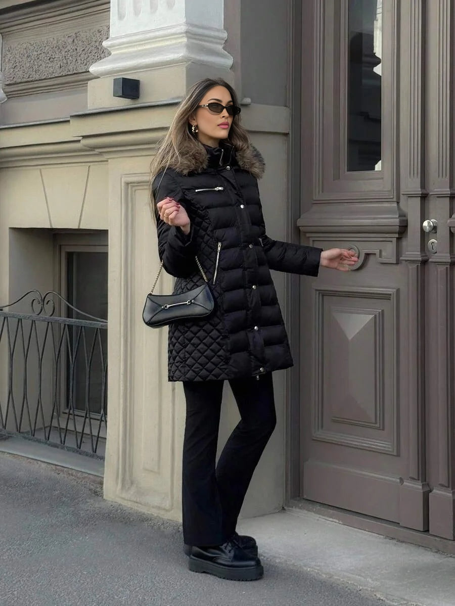 PREMIUM LONG COTTON PADDED COAT WITH FUR TRIM AUTUMNWINTER