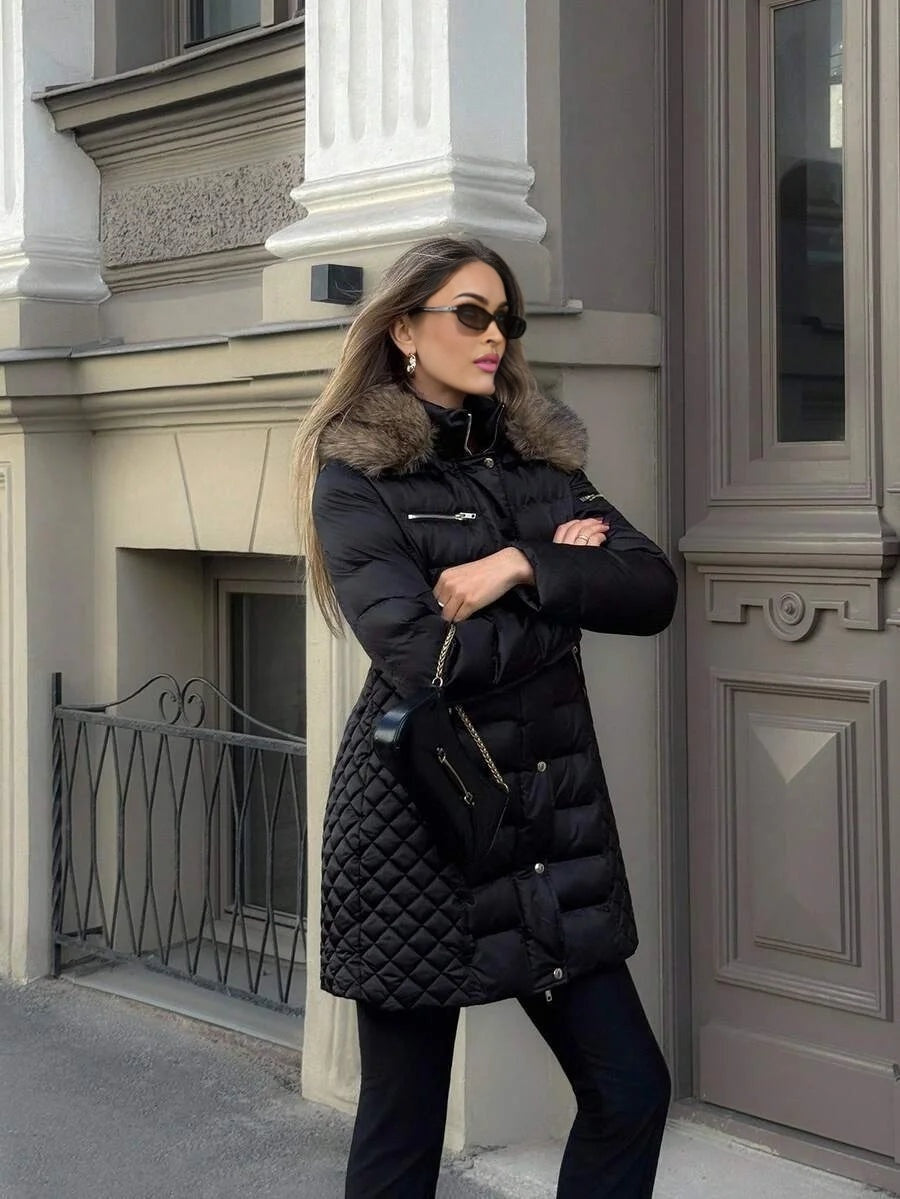 PREMIUM LONG COTTON PADDED COAT WITH FUR TRIM AUTUMNWINTER