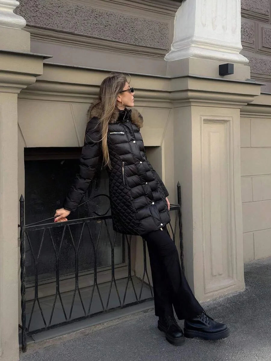 PREMIUM LONG COTTON PADDED COAT WITH FUR TRIM AUTUMNWINTER